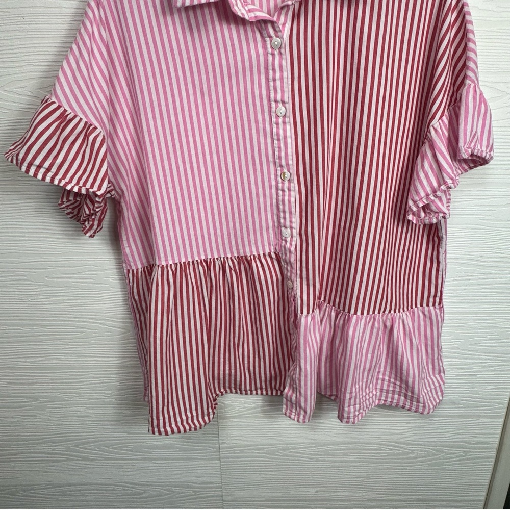 Striped Pink Button-Front Patchwork Cotton Top XL - Picture 4 of 8